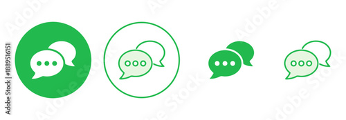 Collection of four green chat bubble icons symbolizing communication and conversation, shown in different styles with speech bubbles and dots, isolated on white background, perfect for messaging apps