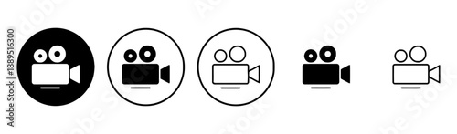 Collection of camera icons including solid filled black circle, outline circle, and simple icons for video recording and filming projects and concepts