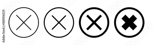 Collection of cross icons in circles, symbolizing cancellation, error, or closure. simple, bold, graphic representations. negative, reject, forbidden.