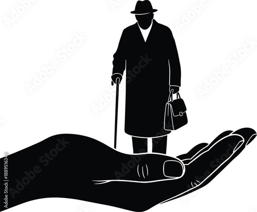 Silhouette of elderly person standing on extended hand, compassion and elder care theme illustration, transparent background graphic