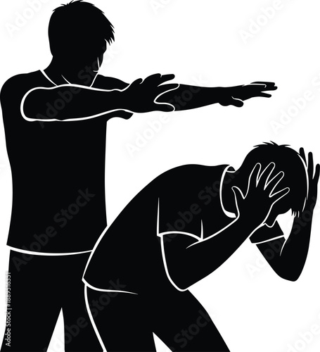 Silhouette of aggressive figure confronting crouched person, conflict and intimidation theme illustration, transparent background graphic
