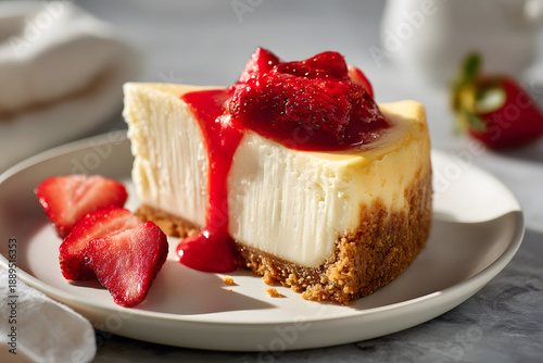 Wallpaper Mural Slice of creamy New York cheesecake with strawberry topping on a light plate beside fresh strawberries Torontodigital.ca