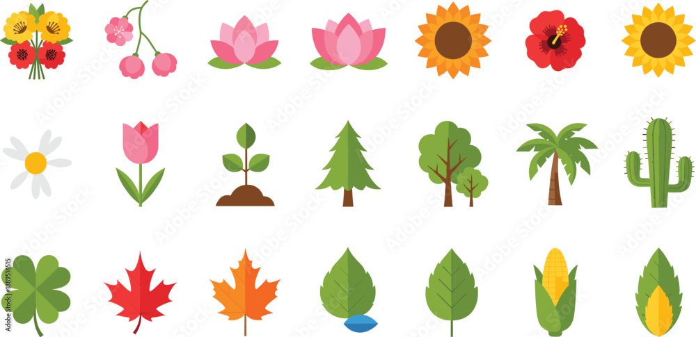 Obraz premium Collection of colorful botanical icons featuring flowers, trees, leaves, clover, corn, cactus, and palm plants