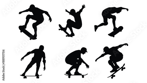 A collection of black silhouettes of skateboarders performing various tricks