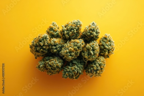 Close-up of green cannabis buds with orange pistils against a bright yellow background