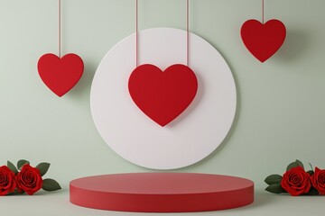 Red hearts and roses decorating a plain display stage, creating an elegant backdrop for Valentine's Day or love concepts