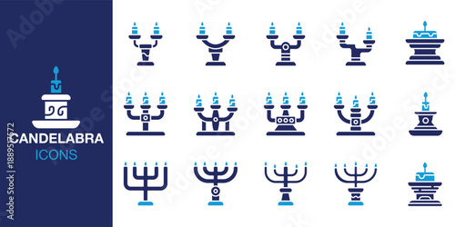 Candelabra Icon set. Containing antique, royal, altar, ritual, sacred, temple and more. Solid vector icons collection. Vector illustration.