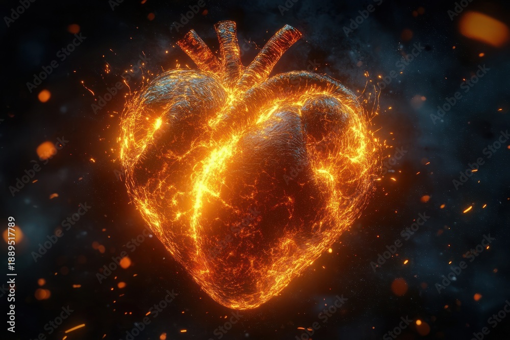 Obraz premium anatomical heart of molten fire glowing with embers and sparks against a smoky dark background, conveying intense passion and burning energy