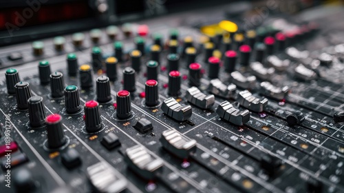 Detail of a Digital Sound Mixing Board Showing Controls and Buttons in a Recording Studio Setting During Audio Production