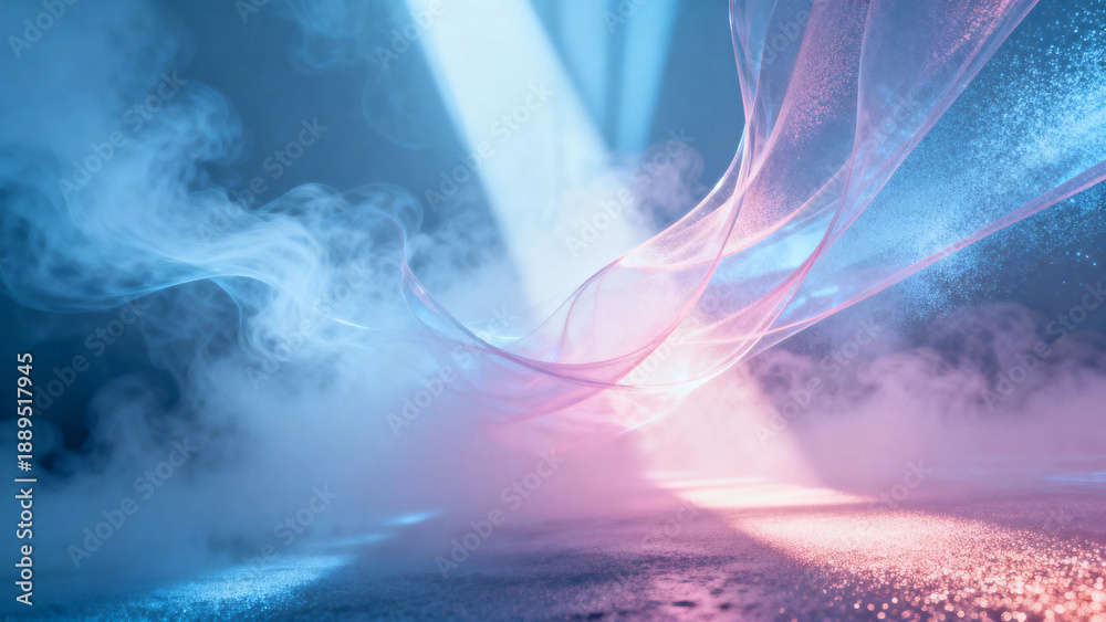 Naklejka premium Abstract light beams and colorful smoke over a reflective surface with glowing particles