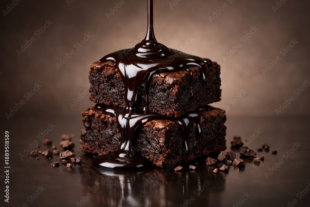 Obraz premium Chocolate Brownie Indulgence: A delectable duo of fudgy brownies, drenched in a rich, velvety chocolate ganache, tempts with its irresistible appeal. A culinary masterpiece of texture and taste