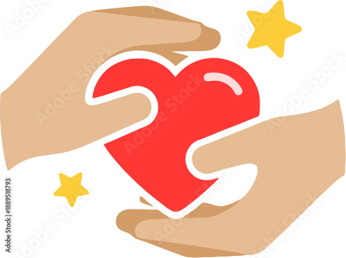 Hands holding a red heart symbol.
