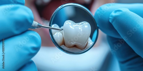 Close-up of dental examination with blue-gloved hands holding a mirror and probe reflecting a healthy molar inside an open mouth, clinical and professional