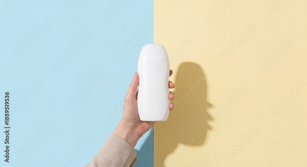 Obraz premium Hand holding a white cosmetic bottle on a split blue and yellow background with sharp shadows, modern minimalist style