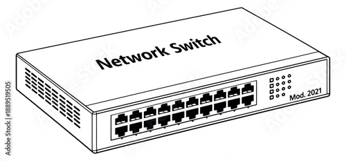 Line art illustration of a network switch depicting a twelve-port ethernet hub for modern data networking