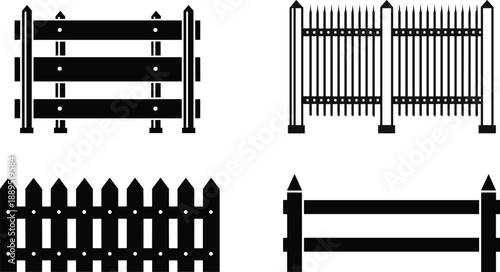 Black fence silhouettes collection featuring wooden rails, picket fencing, and iron gate designs for borders and property barriers