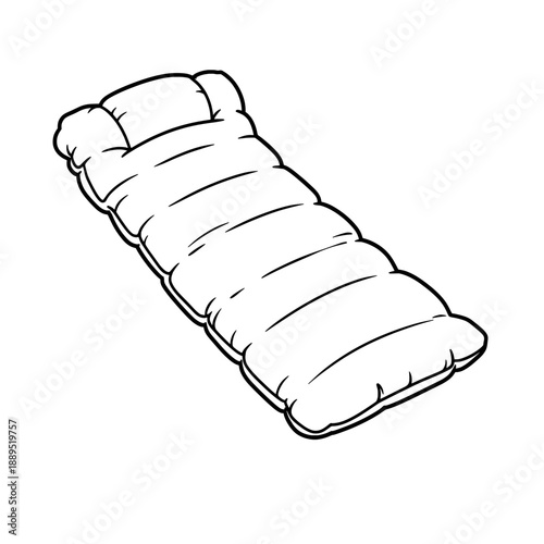 A cartoon sleeping bag rolls open to reveal its warmth and comfort with black outline