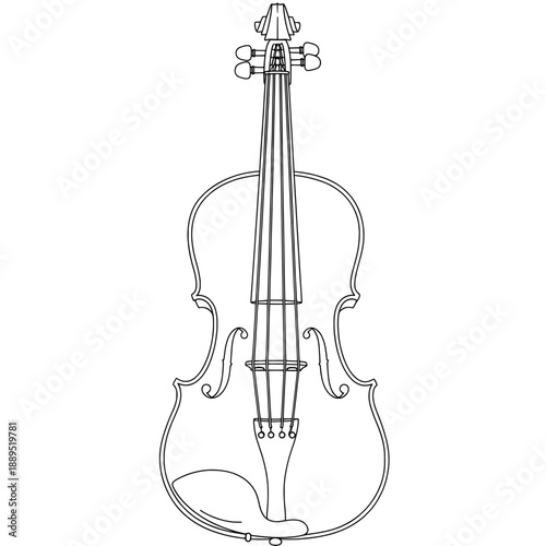Detailed outline of stringed instrument from front, showing tuning pegs, strings, & body