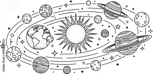 Hand drawn solar system illustration with sun planets stars orbit lines black white space astronomy doodle design collection