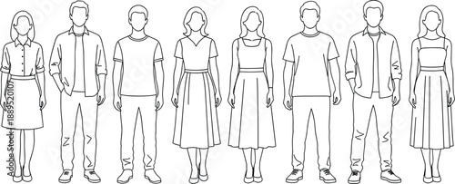 Line art standing people illustration vector set showing men and women in casual modern outfits front view isolated on white background