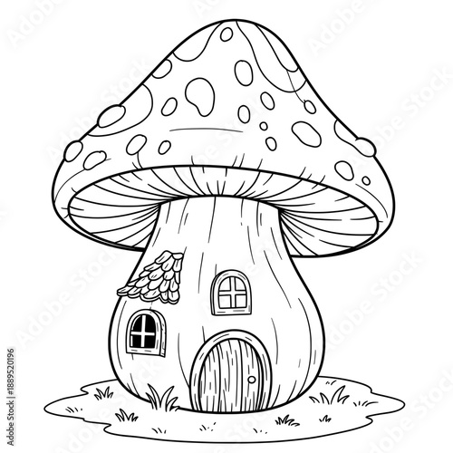 Mushroom house with spots, little door and roof made of small tiles