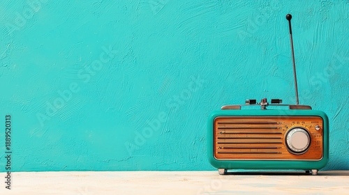 Vintage Teal and Wood Radio Against Teal Textured Wall