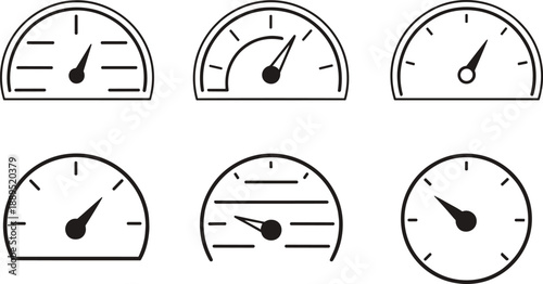 Black and white speedometer gauge icons showing different dial styles, needle positions, and semicircle meter designs in vector format
