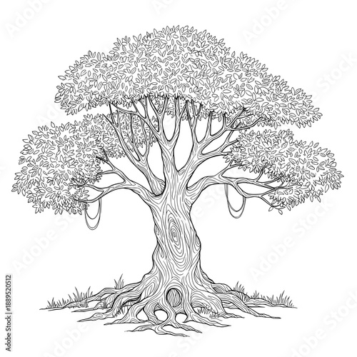 Black-and-white tree A lush canopy and detailed trunk, complete with vines