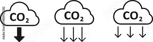 Carbon dioxide cloud icons with downward arrows illustrating emissions, atmospheric release, pollution levels and greenhouse gas flow
