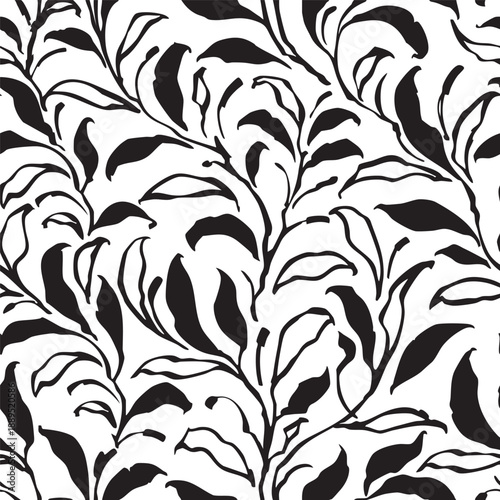 Black and white leaves seamless grunge texture with a hand-drawn background. Abstract decorative illustration, isolated background, suitable for textile pattern design, fabric, printing design.
