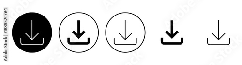 Download icon set, signifying data transfer, saving, uploading, and accessibility, provided in multiple styles such as solid, outline, and within circles for digital interfaces