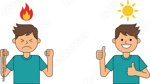 Angry and happy cartoon boy comparison showing negative versus positive emotions with fire and sun icons