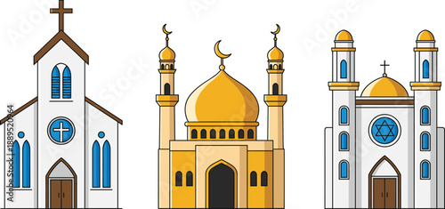 Religious buildings icon set showing church, mosque, and synagogue in colorful flat vector illustration style