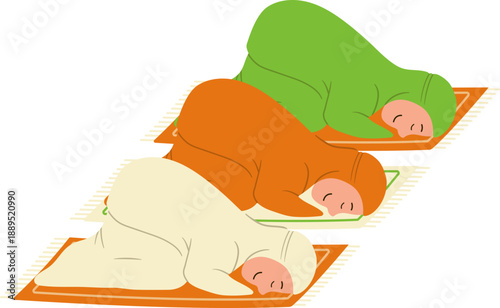 Muslim Women Characters Praying Together, Prostration or Sujud Movement During Shalat