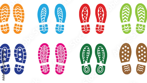 A colorful collection of shoe sole footprints in various designs and patterns