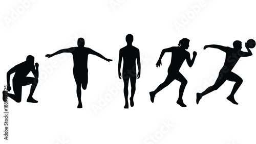 A group of athletic silhouettes in various dynamic running and jumping poses