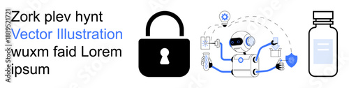 Cybersecurity, artificial intelligence, healthcare, automation, data protection, online privacy. Visual elements include a padlock, robot with AI features and a medicine bottle. Cybersecurity
