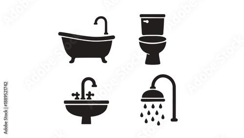 A set of black and white bathroom icons on a clean background