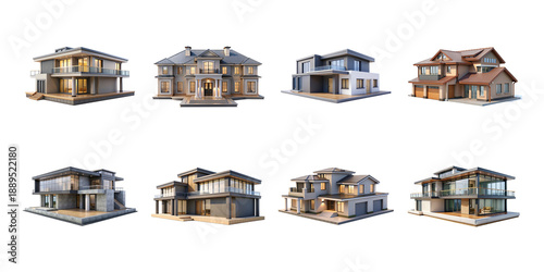 Collection of eight diverse luxury residential architectural renderings showcasing modern and traditional dwelling designs on transparent background