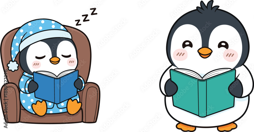 Obraz premium Cute cartoon penguin set reading a book, one sleeping in an armchair with pajamas, symbolizing relaxation, bedtime stories, education, and cozy learning.