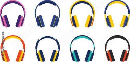 Set of colorful modern wireless headphones vector illustration icons isolated on grey background for music and audio design