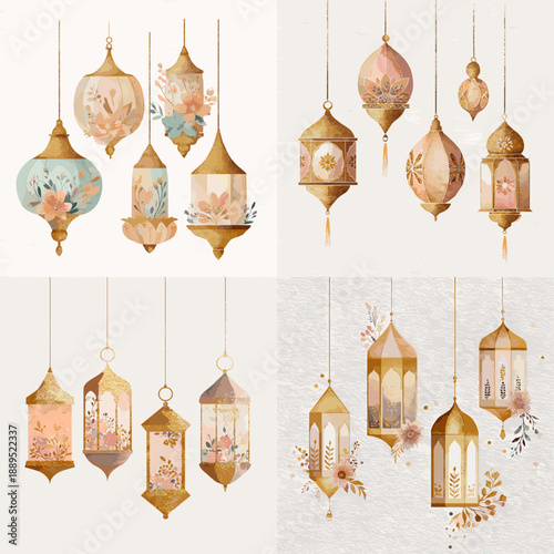 Decorative Ramadan lantern collection in soft gold and pastel watercolor style featuring ornate hanging lamps inspired by traditional Middle Eastern design.