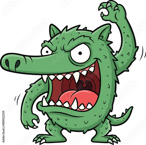 Agitated cartoon green monster creature mascot, widely roaring mouth, sharp teeth, and raised claw with motion lines illustration vector.