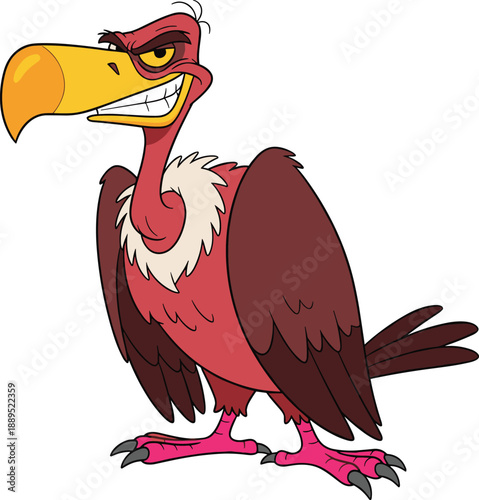 Cartoon illustration of a menacing red vulture with a large yellow beak and sharp, angry, villainous expression, representing wild bird predator and animated mascot character.