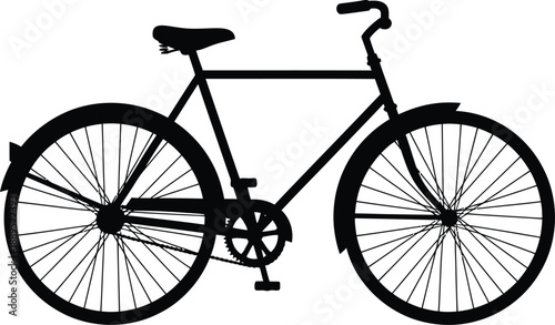 Vector illustration of a black mountain bike silhouette featuring a detailed frame, wheels, and pedals isolated on a white background for sport and transportation themes