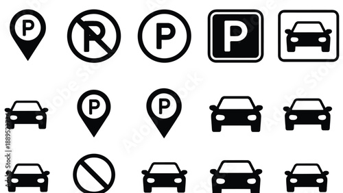 A collection of black and white parking icons on a clean white background