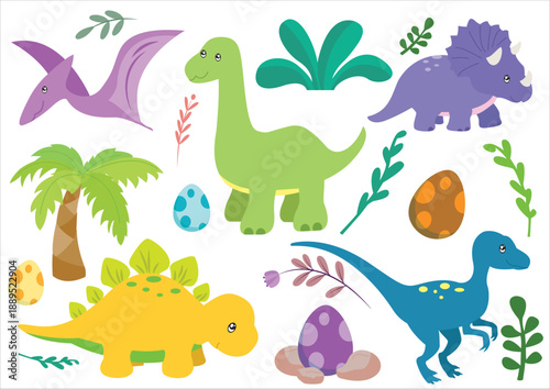 Cute Dinosaurs Set Isolated on White Background For Baby Nursery Decoration, Baby Shower, Birthday Party Cartoon Vector