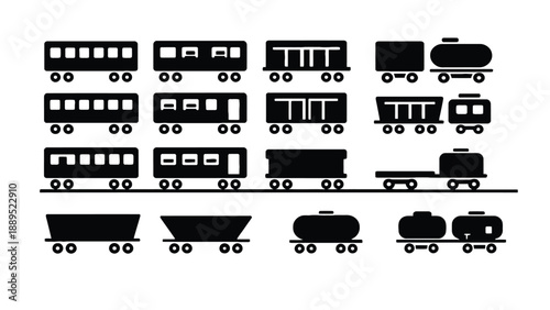 A collection of black train car silhouettes on a white background