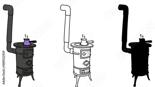 A set of three stoves in different shades of black and white