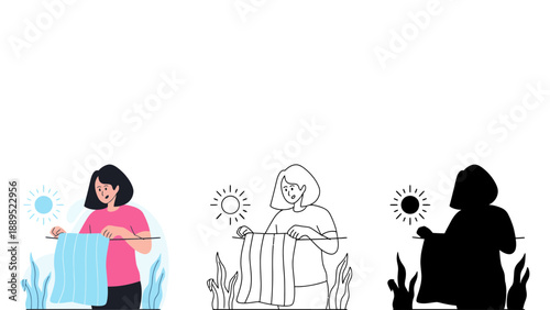 A woman hanging laundry outside on a clothesline under the sunny sky